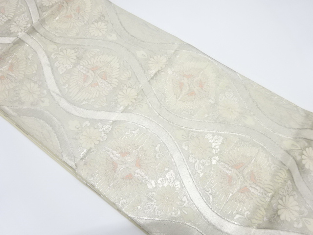 アンティーク　立涌に向かい鶴模様織り出し袋帯（材料）